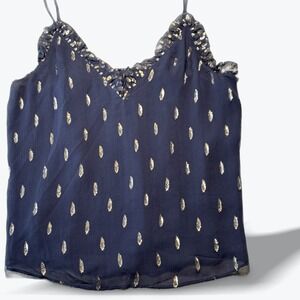 Rebecca Taylor Navy Blue Gold Metallic Fil Coupe Silk Ruffle Camisole 6